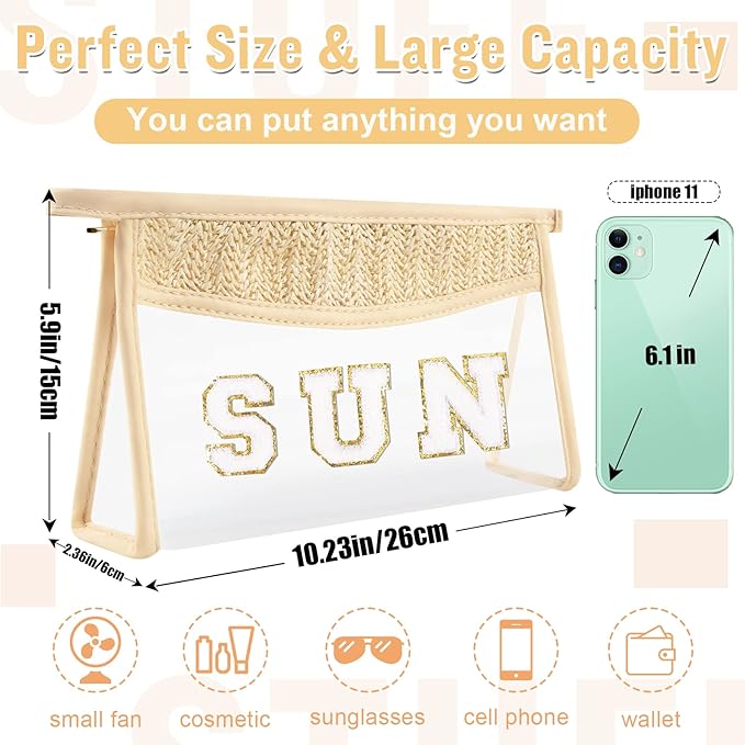 2 Pcs Boho Straw Clear Makeup Letter Bag BEACH Pouch, Sunscreen Bags for Beach Travel Small Cute Chenille Letter SPF Bag Pouch,Waterproof Beach Toiletry Sun Bag Best Beach Accessories for Women(SUN)