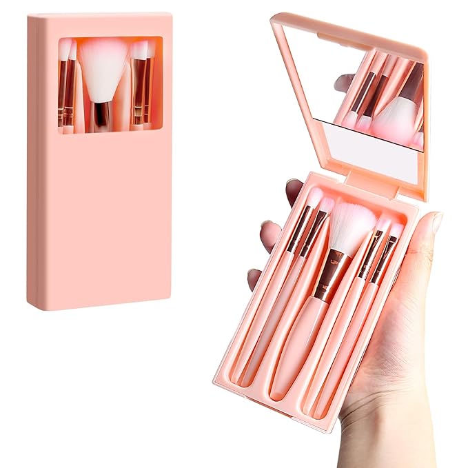 Travel Brush Set, Portable 5 PCS Mini Makeup Brushes with Mirror, Easy-taken Makeup Tool Set for Eyeshadow, Contour, Blush, Complete Function Cosmetic Profesional Tools (Pink)