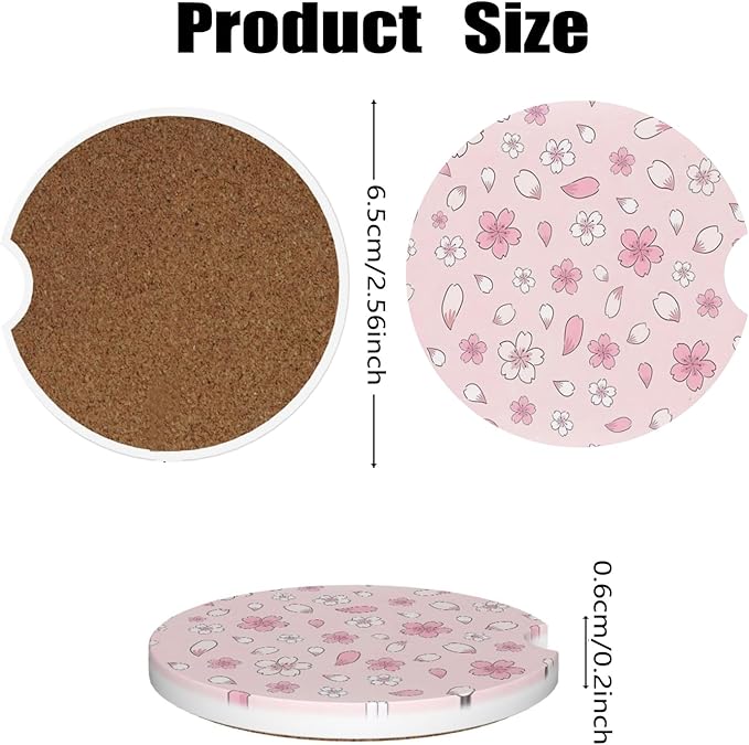 Car Cup Holder Coasters, 2 Pcs Ceramic Coasters with Cork Back and Finger Slot, Anti-Slip Shock Absorbing Women and Men Universal Car Accessories - Pink Sakura