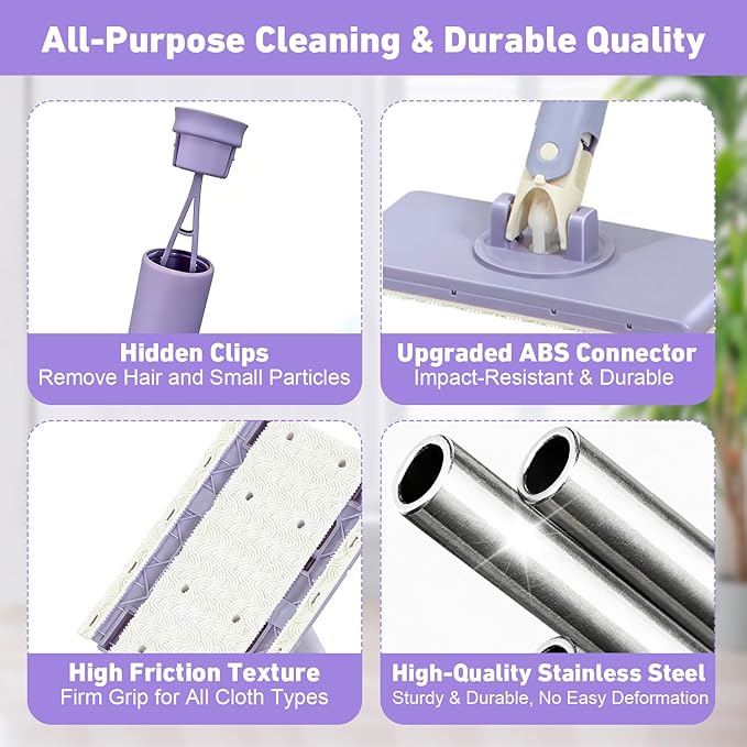 Snap Grip Mini Mop, Cloth Changing Mini Mop for Dry & Wet Disposable Pads, Lazy mopa automatic gripping with Sweeping & Mopping, Long Handle Disposable Dust Mop for Hardwood, Tile, Small Space(Purple)