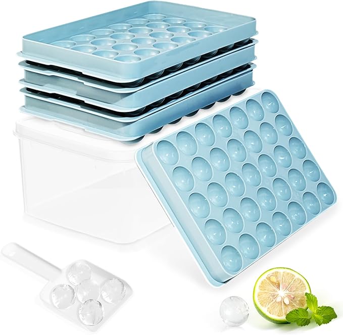 Ice Cube Trays with Lid and Bin, 1.0 IN Small Round Ice Cube Mold - 3 Pack (35 per Tray) Easy Release Stackable Ice Ball Maker Iced Bucket Kits, Circle Ice Tray for Cocktail, Whiskey & Drinks, BPA-Free