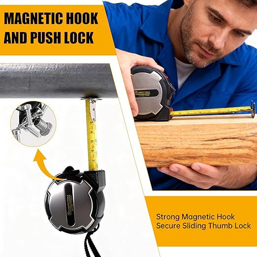 16FT Tape Measure, Small Retractable Measuring Tape, Mini Tape Measure with Metric/Inch, Dual Sided, Magnetic Hooks, Rubber + Stainless Steel Case, for Home, Construction & DIY (16ft)