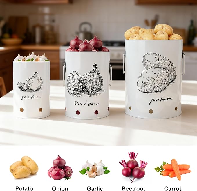 Kitchen Potato and Onion Storage Bin,Metal Vegetable Storage Bins Set of 3 with Aerating Holes and Lids,Farmhouse Canisters Sets for the Kitchen Countertop (1, Circular)