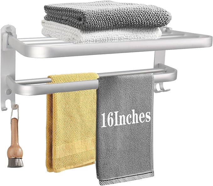 Towel Rack for Bathroom, Bath Towel Holder with Double Towel Bar and Foldable Towel Shelf, Rustproof Towel Organizer Wall Mounted Towel Storage Hanger for Bath/Balcony/Lavatory (16In Silver)