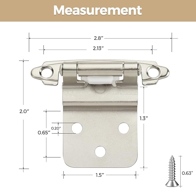 2 Pack 1 Pair Brushed Nickel Cabinet Hinges - 3/8 inch Inset Kitchen Cabinet Hinges, Semi-Concealed Hinges, Self Closing Cabinet Door Hinges with Door Bumper Flush Face Mount Cupboard Hardware