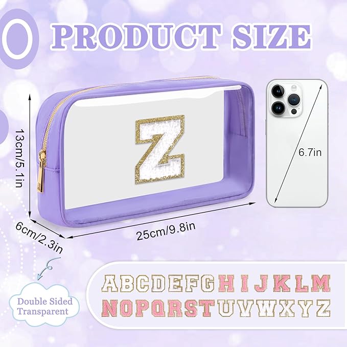 Small Clear Personalized Initial Makeup Bag, Preppy A-Z Chenille Letter Patch Cosmetic Bag, Cute Transparent Nylon Waterproof Zipper Beach Varsity Letter Pouch, Gift for Women Girls(Purple-White Z)