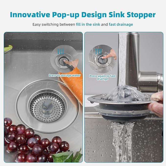 Hibbent 2 Pack 3 in 1 Kitchen Sink Drain Strainer, Stainless Steel Wrapped Shell Drain Stopper Combo, Pop Up Sink Stopper, Stainless Steel Anti-Clogging Basket Strainer for US Standard 3-1/2" Drain