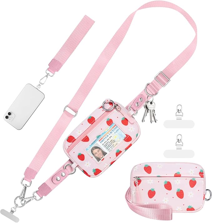 Clip and Go Strap for Phone with Wallet Crossbody Phone Lanyard and Detachable Checkered Bag with ID Window and RFID Pouch for Daily Travel. Strawberry
