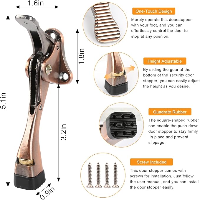 Kickdown Door Stopper 4 Inches - 2 Packs One Touch Adjustable Height Door Stop for The Bottom of Door Aluminum Alloy Metal Door Stopper with Rubber Tip & Wall Protectors for Wide Doors Copper