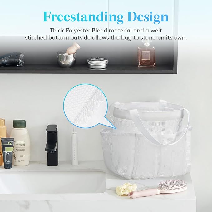 Lifewit Mesh Shower Caddy Portable for College Dorm Room Essentials with 7 Pockets, Freestanding Hanging Organizer Basket, Quick Dry Tote Bag for Camping, Bathroom, Beach, Travel, 1 Pack, White
