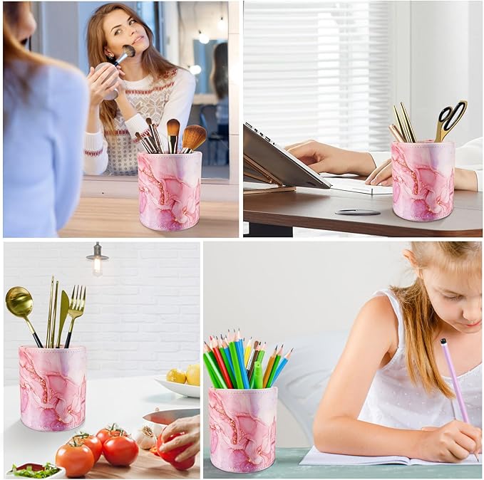 WAVEYU Pen Holder for Women Girls, Pencil Cup Pink Desk Decor, Makeup Brush Holder Large Pu Leather Multi-Functional Organizer Cup for Office, Classroom, Home, Red Marble