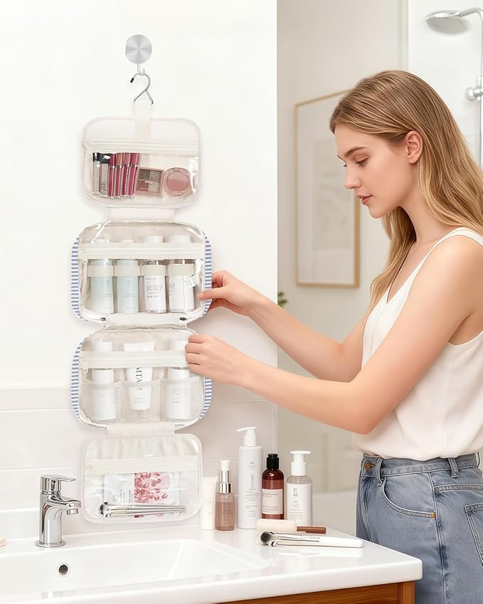 Narwey Striped Hanging Toiletry Bag for Women Travel Makeup Bag Organizer Toiletries Bag for Travel Size Essentials Accessories Cosmetics (Greyish Blue Stripe (Medium))