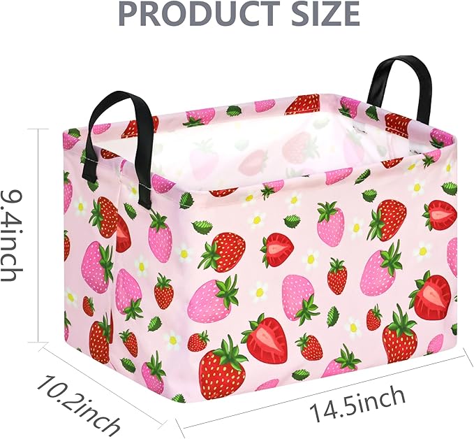 Rec Strawberry Print Storage Box Clothes Hamper Basket Collapsible Organizer Bin Gift Shelf Baskets for Home and Kitchen Storage.