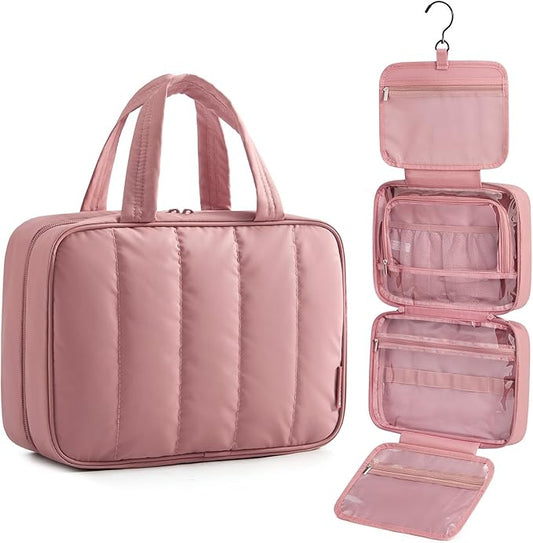 BAGSMART Travel Toiletry Bag for women, Portable Hanging Hook Makeup Bag Organizer, Waterproof Makeup Cosmetic Bag, for Full-Size Accessories, Toiletries, Dusty Rose