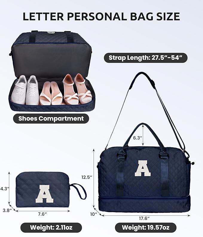 Bags for Women College Gifts - Initial Duffle Bag with Shoe Compartment, Weekender Bag, Monogram Overnight Bag, Letter Travel Bag with Makeup Bag, Bachelorette Gifts for Bride (Letter Q)