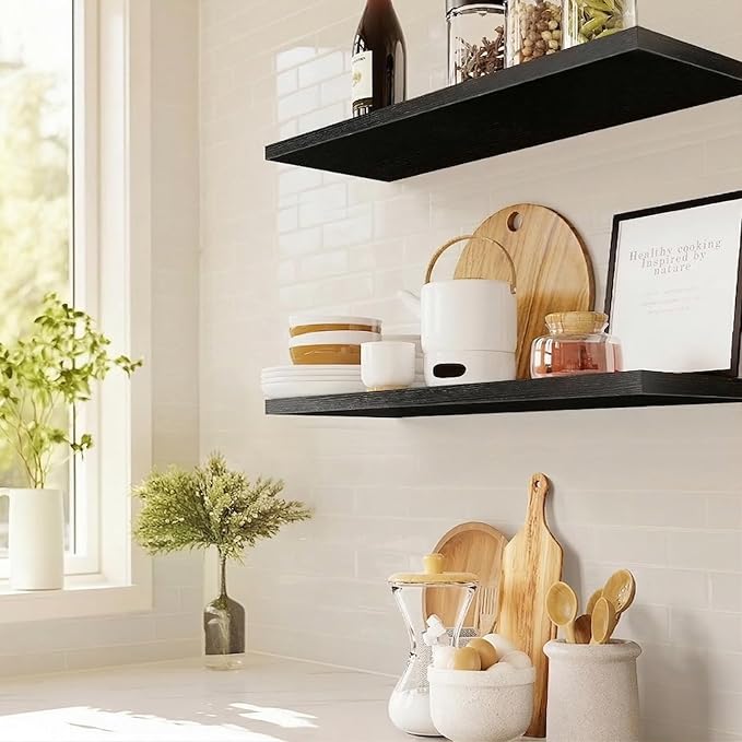AMADA HOMEFURNISHING Floating Shelves Wall Mounted, 24 x 7 Inch Wall Shelves for Bathroom, Bedroom, Living Room, Black Shelves Set of 2 | Wall Shelves