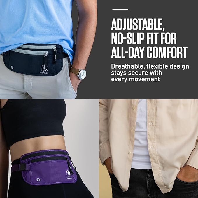 VENTURE 4TH Money Belt for Travel – Hidden Under-Clothes RFID Blocking Passport Holder & Slim Travel Wallet Pouch for Men & Women to Protect Cash, Cards & Documents (Black)
