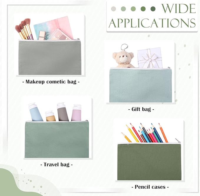 Reginary 10 Pcs Valentines Canvas Makeup Bags Bulk for Women Travel Toiletry Cosmetics Bags Blank DIY Pencil Pouch, Gift for Valentines Patrick's Day Wedding Bridal Shower Coworker(Green)