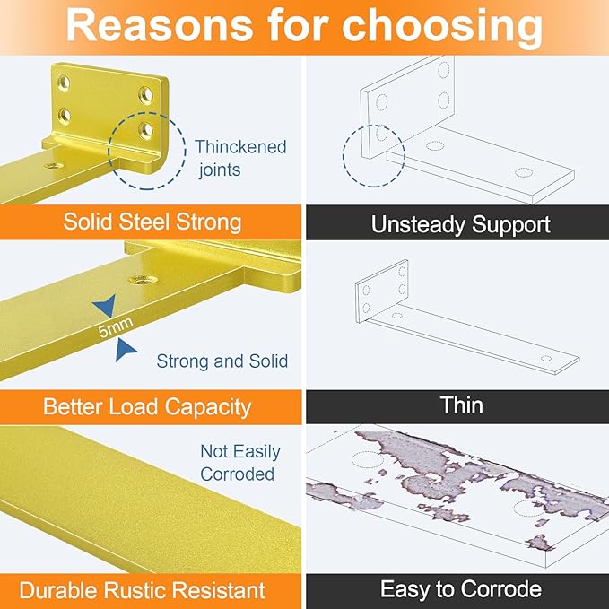 Floating Shelf Brackets 8 inch 8 Pack L Brackets for Shelves Gold Metal Heavy Duty Shelf Bracket for DIY Decorative with Mounting Hardware