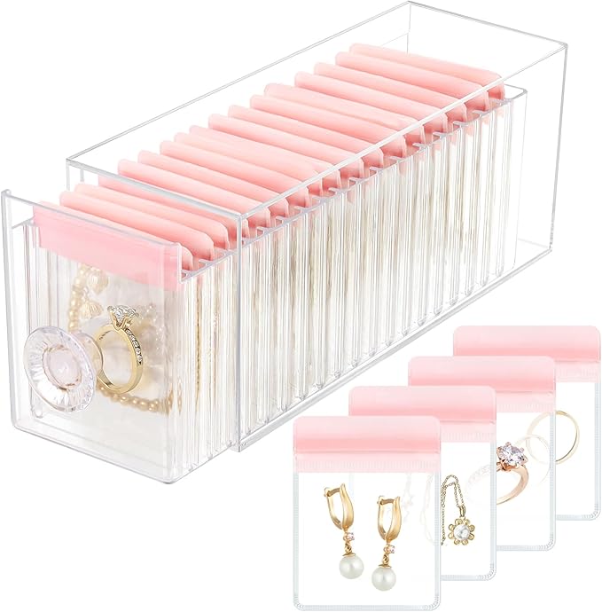 Clear Acrylic Jewelry Organizer Box with 20 Portable Pouches, Jewelry Storage Case for Women Girls, Tangle-Free, Anti-Tarnish, Compact Storage for Necklaces/Earrings/Rings, Upgraded Pink