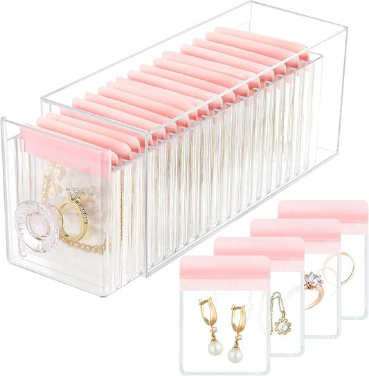 Clear Acrylic Jewelry Organizer Box with 20 Portable Pouches, Jewelry Storage Case for Women Girls, Tangle-Free, Anti-Tarnish, Compact Storage for Necklaces/Earrings/Rings, Upgraded Pink