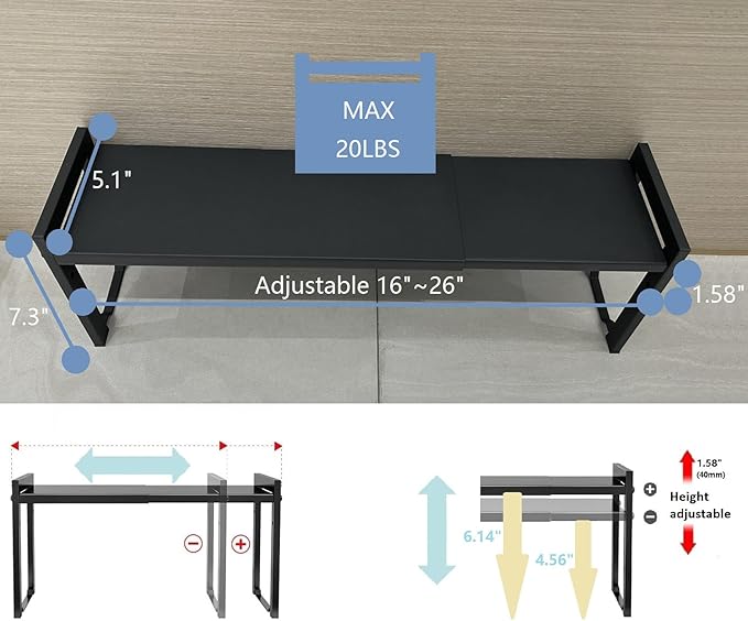 2 Pack Expandable Cabinet Shelf Organizer 16-26" L Stackable Kitchen Counter Shelves Rack Stand Sink Riser Countertop Storage Black (Narrow 5.1”D)