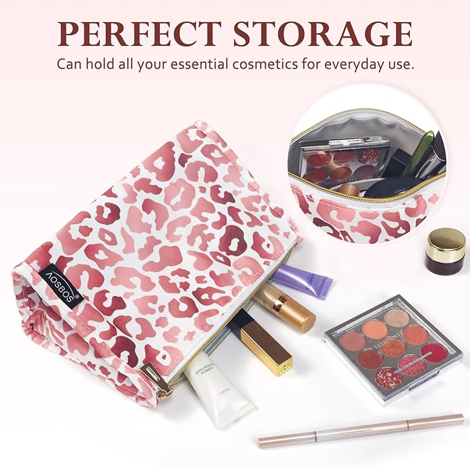 Aosbos Premium Small Makeup Bag, Compact Cosmetic Pouch, Travel-Size Make UP Case for Women, Leopard, Pink