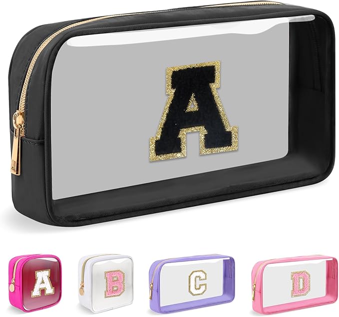Small Clear Personalized Initial Makeup Bag,Nylon Preppy A-Z Chenille Letter Patch Cosmetic Pouch Beach Toiletry Bag,Waterproof Zipper Travel Purse Storage Bag Organizer for Women Girls(Black-Black A)