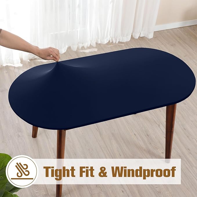 Fitted Oval Tablecloth 48 x 68 Inch Elastic Table Cloth, Stretch Spandex Table Cover Navy Washable Polyester Top Cap Cover for Dining Picnic Camping Indoor and Outdoor
