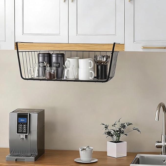 ELEATTRUN Undershelf Storage Basket Under Shelf Wire Basket Household Metal Under Shelf Hanging Storage Bin Basket Slides Under Shelves for Storage Space Saving for Kitchen Pantry Bookshelf 4 PCS