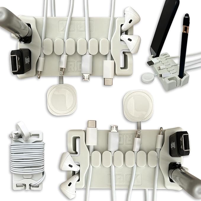 DeskBrick 2PK – Patented Non-Slip Steel-Weighted Desk Organizers & Cable Management Gadgets, Versatile Cord, Phone & Accessory Holders for Office, Home & Desktop – Best Gift for Men. Light Gray