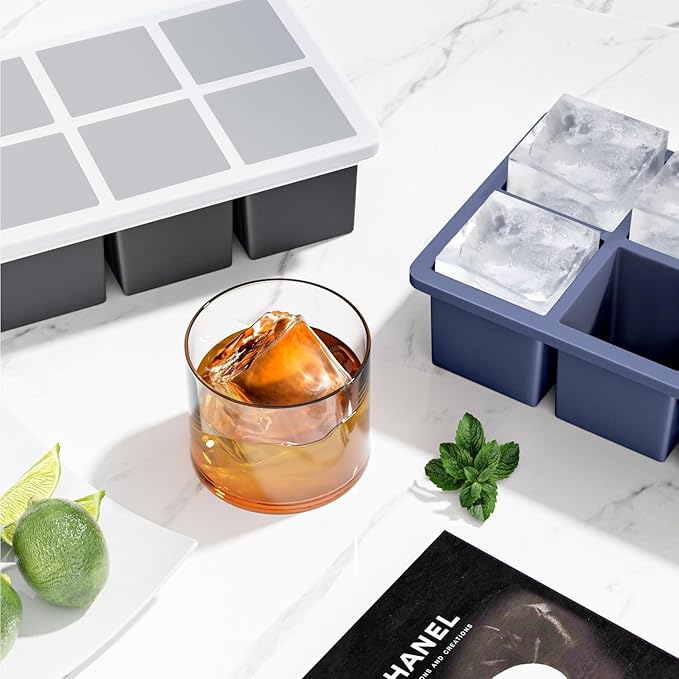 Large Ice Cube Tray for Whiskey: FDDBI Big Square Ice Cube Maker for Cocktail - 3-Pack Silicone Old Fashioned Ice Cube Trays - 2-Inch Huge Cubed Ice Trays for Whiskey