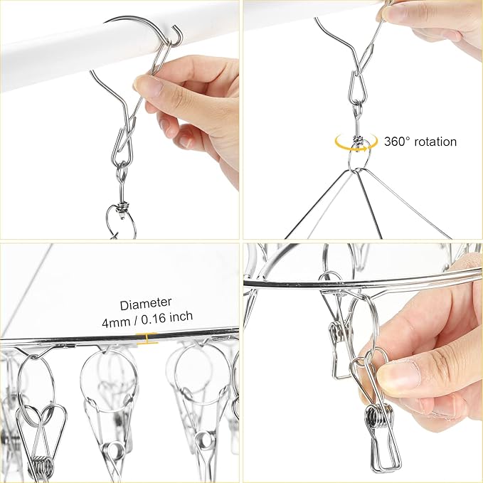 2 Pack Large Collapsible Clothes Drying Hanger, Stainless Steel Metal Laundry Drying Rack for Sock, Diapers, Underwear, Lingerie, Hat, Mask and Herbs (Total 104 Clips)