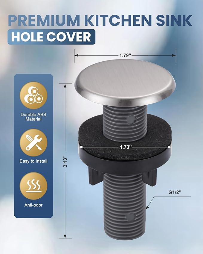 ARCORA Kitchen Sink Hole Cover: Premium Faucet Hole Plate Stopper Plug, Countertop Extra Hole Plastic Cap for Soap Dispenser Sprayer Tap, Brushed Nickel