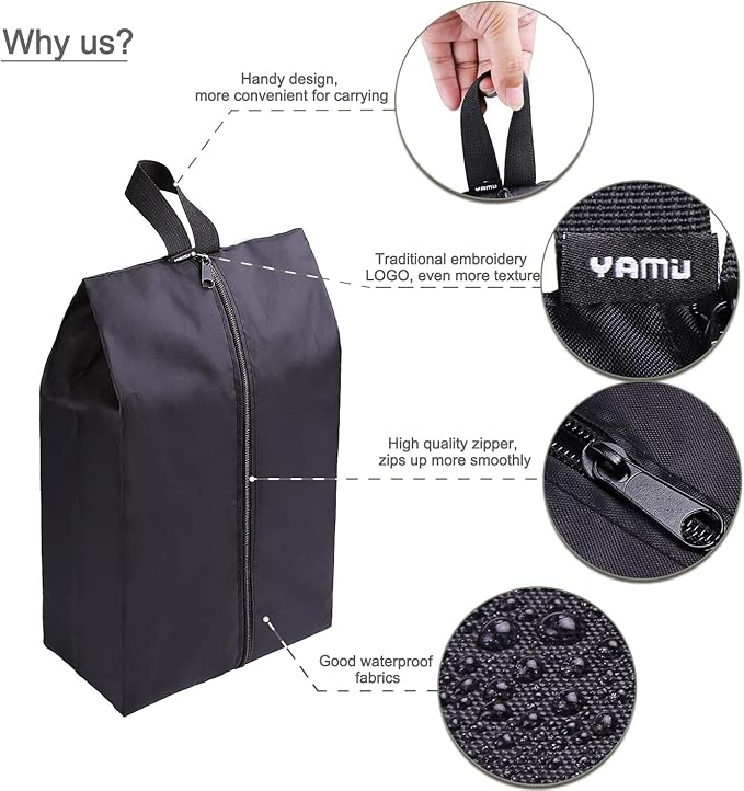 YAMIU Travel Shoe Bags Set of 2 Waterproof Nylon with Zipper for Men & Women (Black)