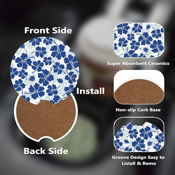 Car Cup Holder Coasters, 2 Pcs Ceramic Coasters with Cork Back and Finger Slot, Anti-Slip Shock Absorbing Women and Men Universal Car Accessories - Flower Hibiscus