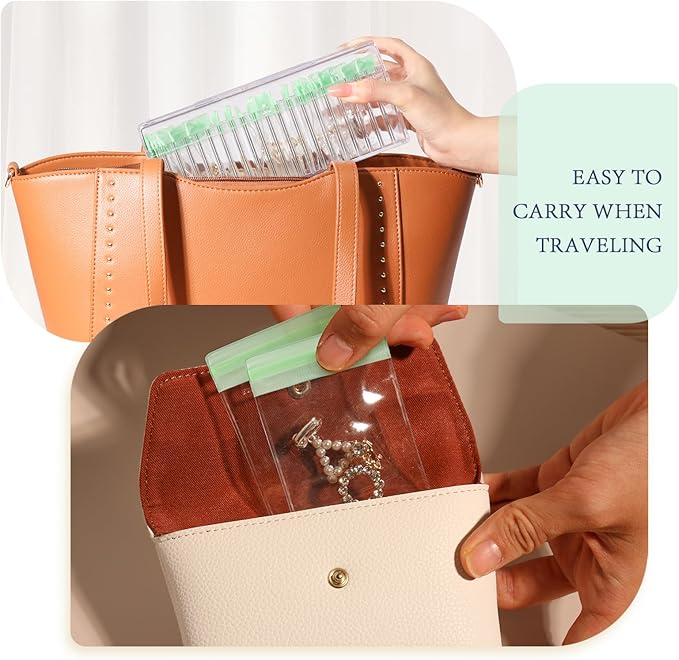 Acrylic Jewelry Box Organizer, Clear Jewelry Organizer Holder with 20 Portable Anti Tarnish Jewelry bags, Travel Jewelry Case for Earrings/Rings/Necklaces for Women Girls, Green