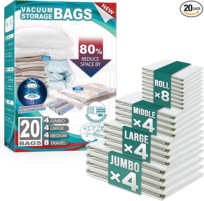 TAILI 20 Pack Combo Vacuum Storage Bags, Vacuum Seal Bags for Clothing (4 Jumbo, 4 Large, 4 Medium, 8 Travel Roll), Space Saver for Bulky Clothing, Beddings, Comforters, Saving More Closet Space