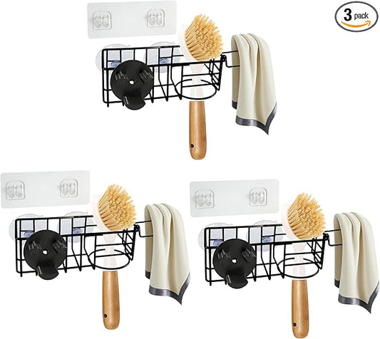 Sponge Holder Smile Face with Dish Cloth Hanger for Kitchen Sink, In-sink Caddy Organizer with Suction Cups & Adhesive Strips, Rustproof Sponge Rack for Soap, Brush, Scrubber - Black（3 Pack）