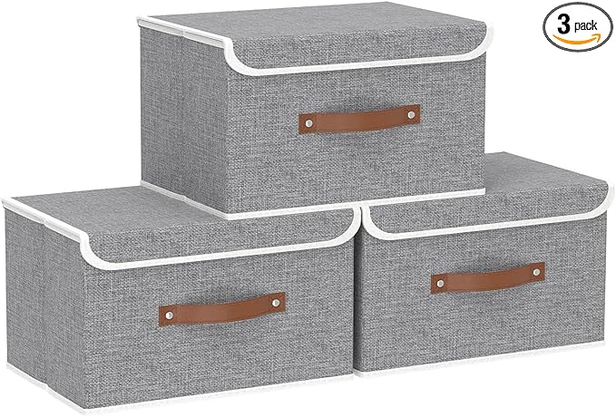 Yawinhe Collapsible Storage Boxes, Foldable Bin with Lids, Cube Clothes Organizer Basket with Handles, Grey, 13.0''L x 9.0''W x 7.9''H, 3-Pack, SNK024GS-3