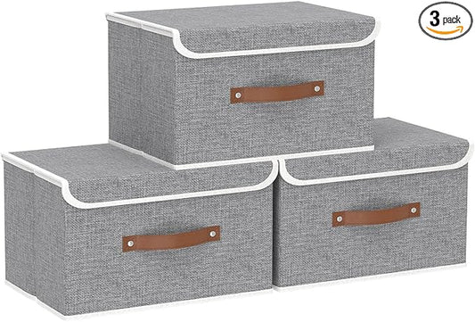 Yawinhe Collapsible Storage Boxes, Foldable Bin with Lids, Cube Clothes Organizer Basket with Handles, Grey, 13.0''L x 9.0''W x 7.9''H, 3-Pack, SNK024GS-3