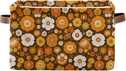 Aslsiy Storage Basket Orange 60s 70s Style Nursery Bins Retro Floral Baby Box Canvas Clothes Shelf Basket Laundry Hamper Gift Baskets for Home Closet 1 Pcs