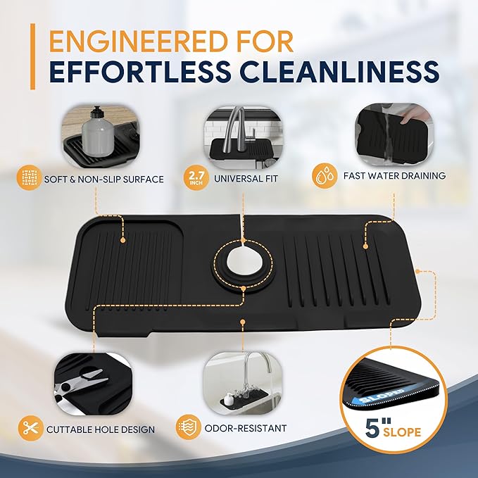 14.6” Silicone Faucet Mat For Kitchen Sink, Kitchen Sink Splash Guard Behind Faucet, Kitchen Faucet Mat For Kitchen Sink, Kitchen Sink Faucet Mat Splash Guard and Sink Water Splash Guard (Black)