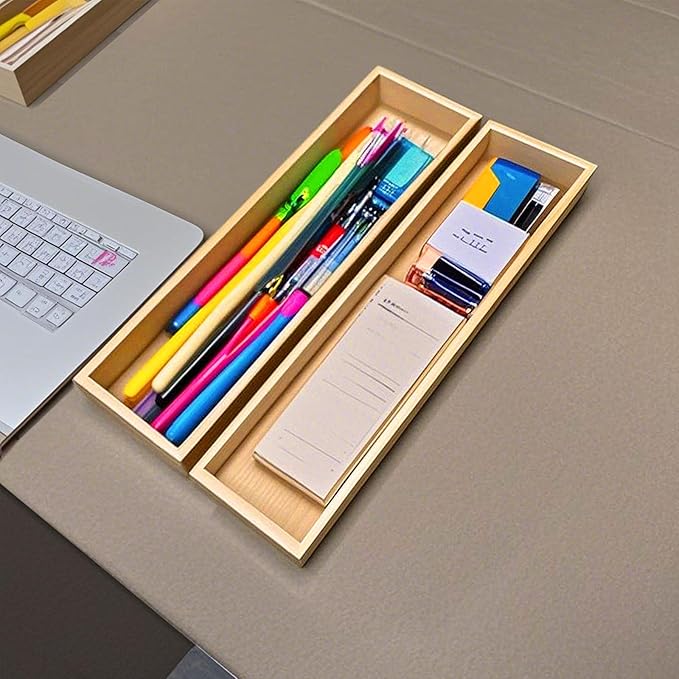 Silverware Drawer Organizer, Utensil Organizer, Bamboo Storage Box Wood Tray for Drawer Set of 2