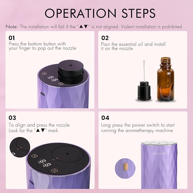 Waterless Essential Oil Diffuser - Aluminum Metal Texture, 96H Quiet Battery Nebulizer, Portable Scent Aromatherapy Diffuser with Timer & 4 Mist Levels, 20mL, Type-C for Home/Room/Car/Office