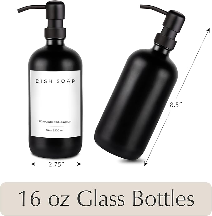 Emerson Essentials Soap Dispenser Set, Dish Soap for Kitchen, Bathroom Set - Hands and Dishes for Home, Farmhouse, Glass Soap Dispenser with Pump and Labels | 16 Oz, 2 Pack