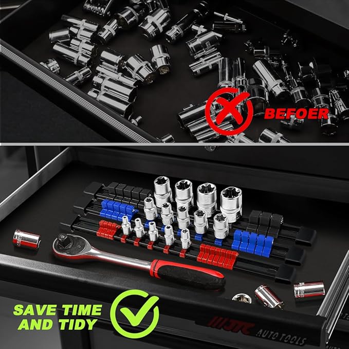 3-Piece Socket Organizer Rail Set, Heavy Duty Socket Holder for 1/4", 3/8", 1/2" Drive, 43 Clips Spring Loaded Ball Bearings for Metric & SAE Sockets, Portable Tool Tray for Toolbox Drawer