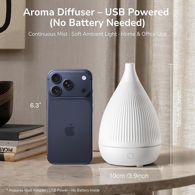 Ultrasonic Essential Oil Diffuser, Home Fragrance Aroma Diffuser with Auto Shut-Off, Color Change Night Light & Ultra-Quiet Operation, BPA-Free Portable Aromatherapy Humidifier for Home (White)