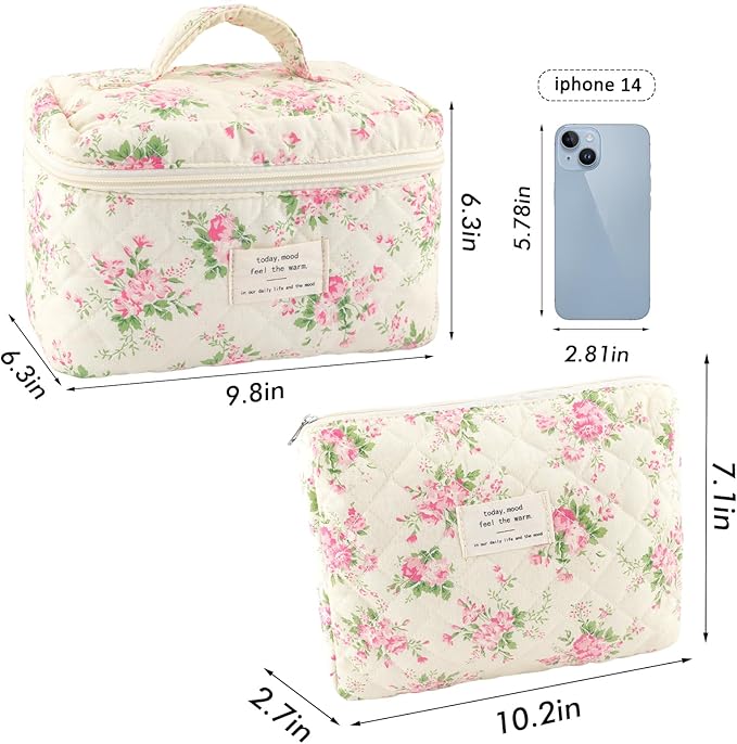 2Pcs Cotton Quilted Makeup Bag for Women Extra Large Small Travel Cosmetic Bag Set Cute Pink Floral Print Makeup Pouch Portable Toiletry Bag Organizer Coquette Vintage Puffy Travel Essential