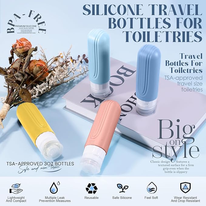 Travel Bottles for Toiletries, 3oz TSA Approved Travel Size Toiletries, Silicone Leak-Proof Refillable Containers, Squeezable Liquid Essentials Bottles W/Clear Bag (COLORFUL)